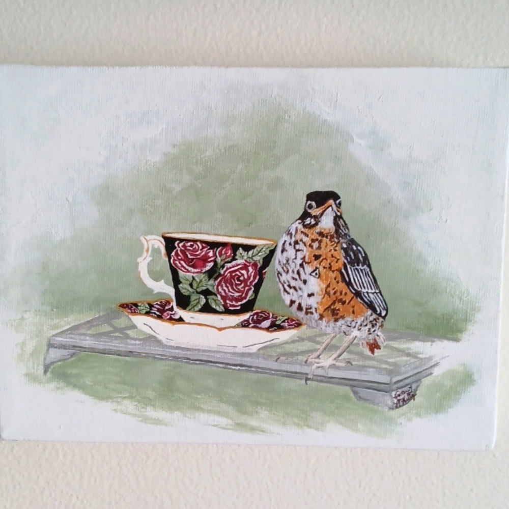 Original Oil Tea Time with Baby Robin